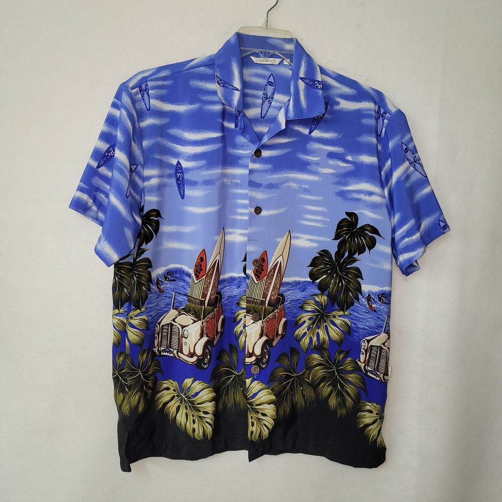 Uluwatu‎ Hawaiian Shirt Men's Large Blue Surf Car Print Short Sleeve Button Up
